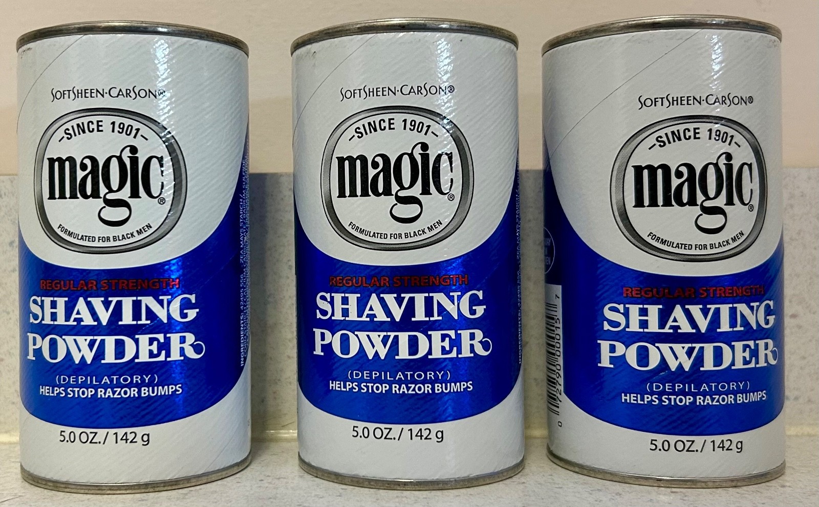 3 Magic Shave Powder Regular Strength Soft Sheen Carson Cans 5 oz Shaving Powder