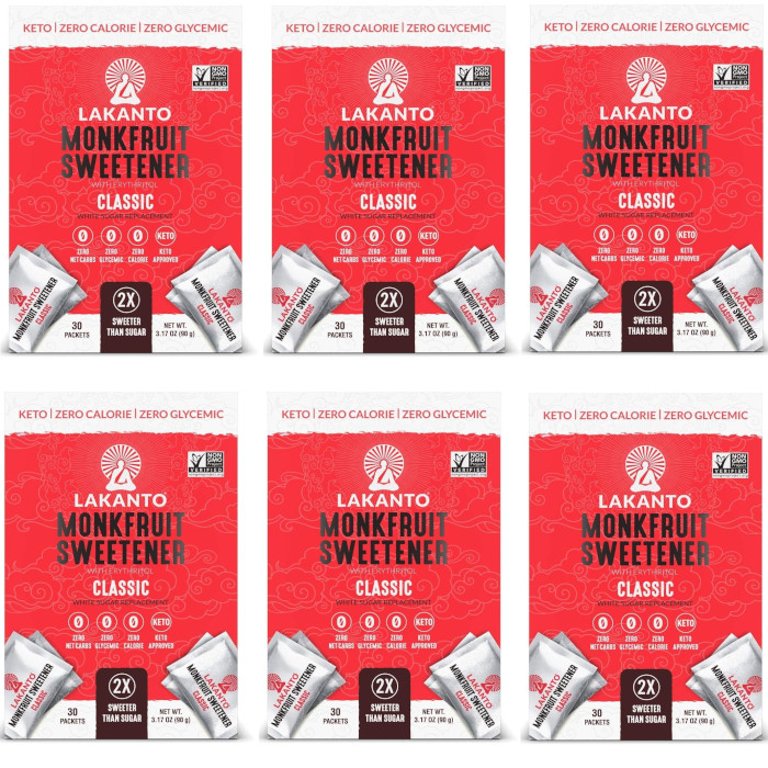 Lakanto Monkfruit Sweetener with Erythritol Packets 30 pckts Each (Pack of 6)