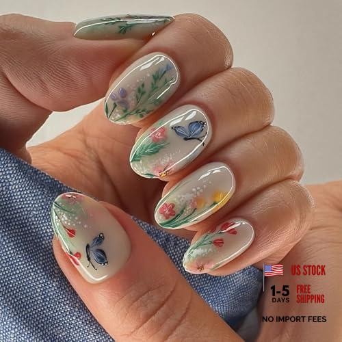 White Fake Nails – Almond Nail Press ons – Style11 – Flower Press