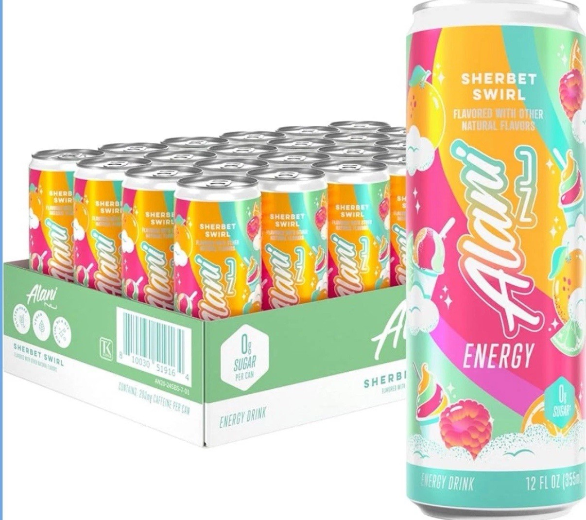 Alani Nu SHERBET SWIRL Sugar Free, Energy Drinks, 12 Fl Oz Cans, 24 Pack