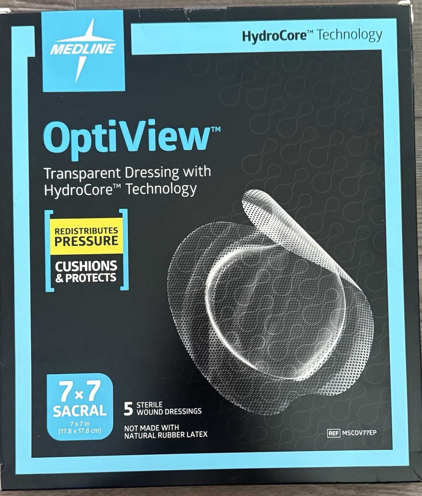 Bx of 5 Medline OptiView Transparent Dressing w/ Hydro-Core 7″ x 7″ MSCOV77EP