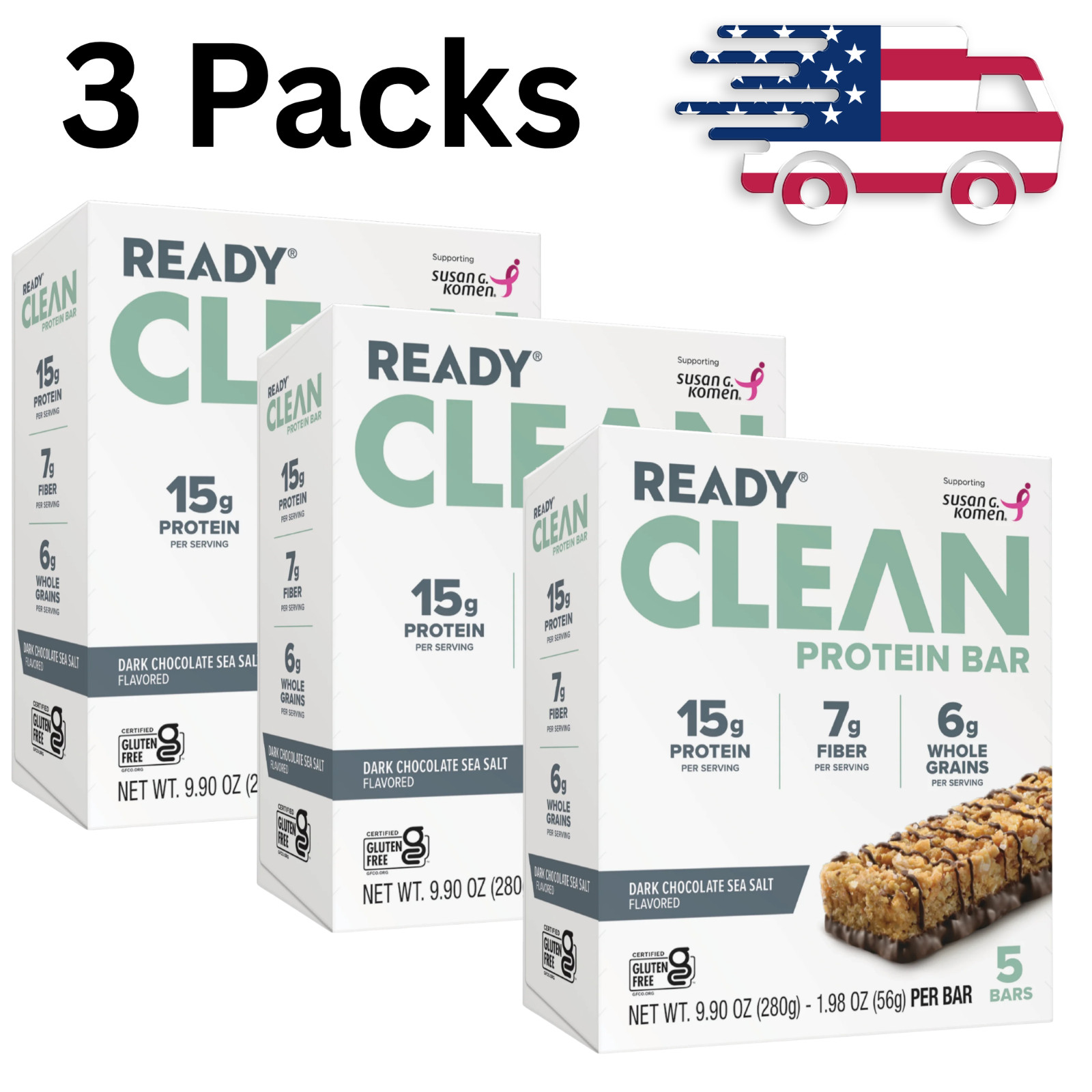3 Pack Ready Nutrition Clean Protein Bars Dark Chocolate Sea Salt 15 Count