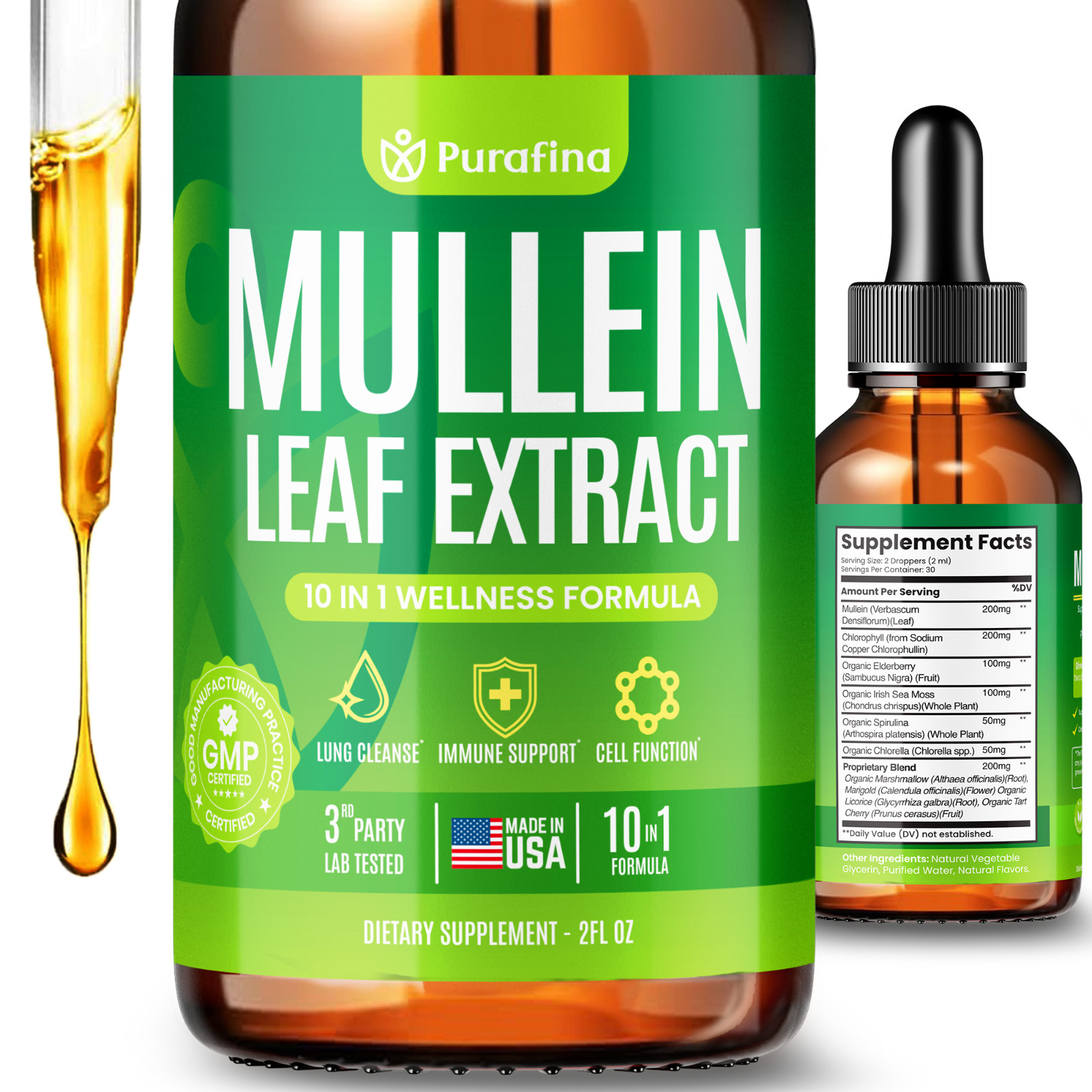 Mullein Leaf Drops For Lungs – 10 in 1 – Chlorophyll Sea Moss Elderberry (60ml)