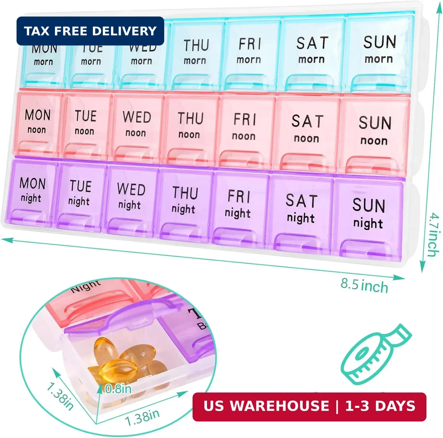 Large Weekly Pill Organizer 3 Times A Day,Travel Pill Cases ，Moisture-Proof 7 Da