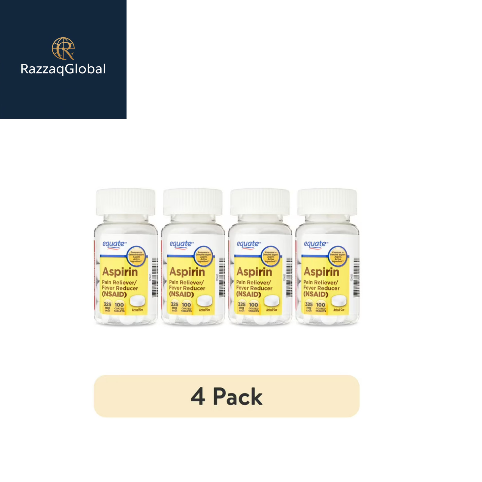 Equate Aspirin 325mg Pain Reliever/Fever Reducer Coated Tablets 100 Ct 4 Pack