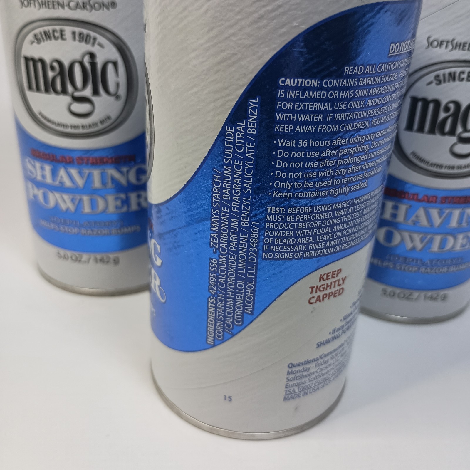 3 Magic Shaving Powder Blue Regular Strength Soft Sheen Carson Cans 5 oz
