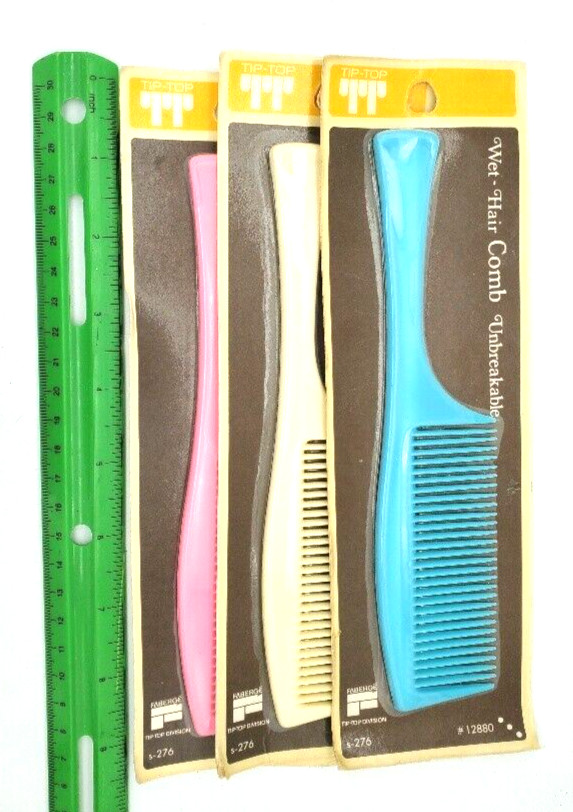 Vintage Tip Top Unbreakable 8″ Wet Hair Comb PINK/Blue/White, LOT of 3, USA, NOS