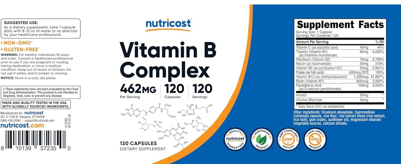 High Potency Vitamin B Complex 462mg, 120 Capsules | Energy Complex with Vitamin