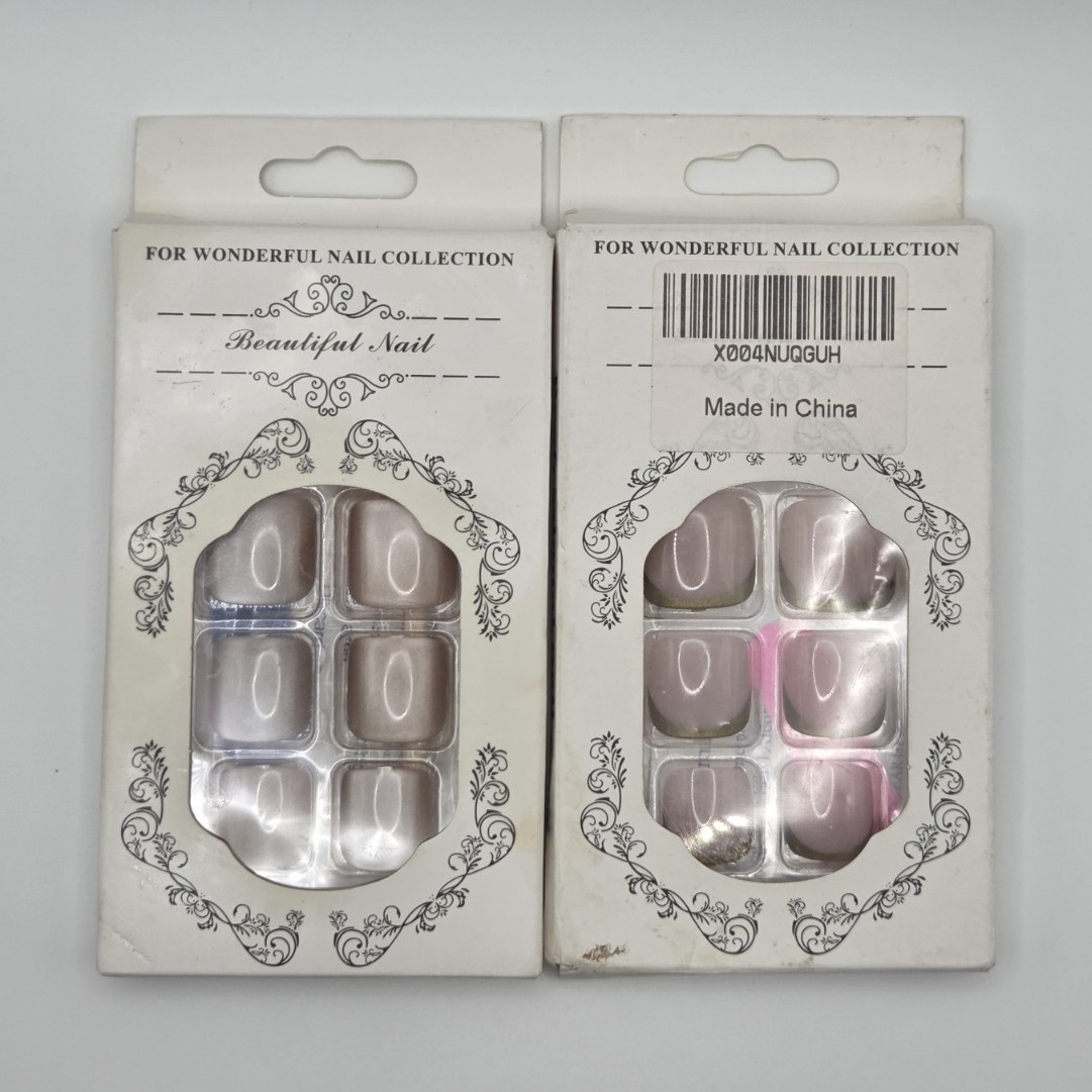 Short Square Press-On Nails Pink/Gray Shiny Solid Pre-Designed Full Cover