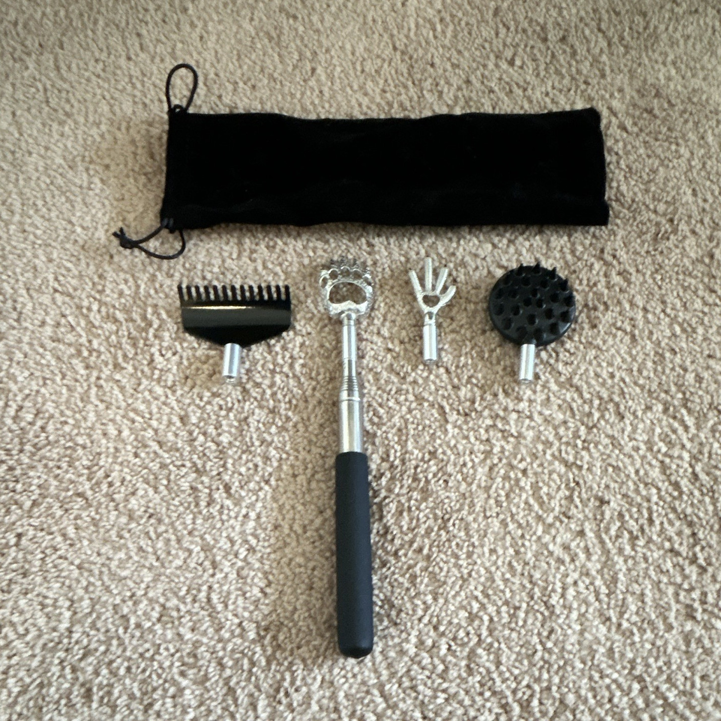 Manual Handheld Back Massager Stick, 4 Detachable Heads, Pouch, Silver/Black