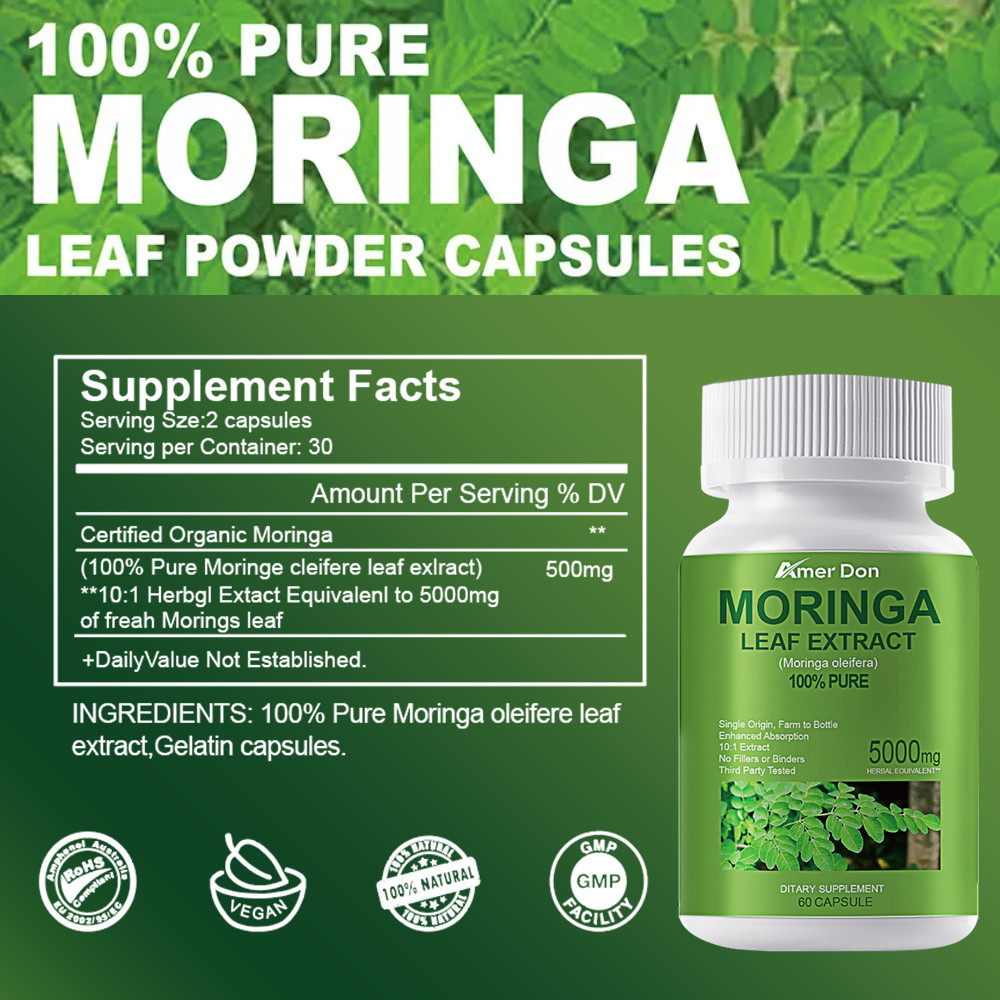 Moringa Oleifera Leaf Organic Extract 5,000mg Serving 100% Pure 60 Capsules