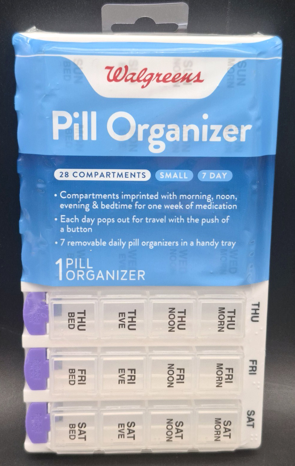 Walgreens Pill Organizer Weekly 7 Removable Days 4 Times per Day Compact Size