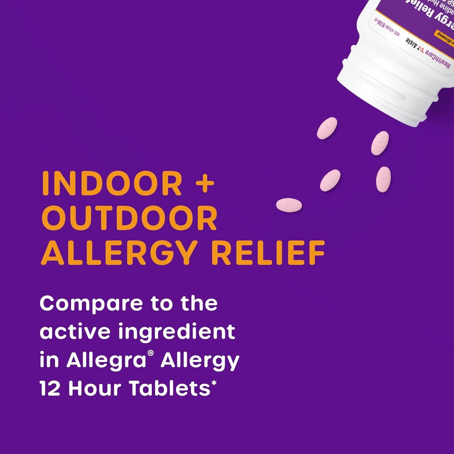 HealthCareAisle Fexofenadine 60mg Tablets, Non-Drowsy 12Hr Allergy Relie, 100 Ct