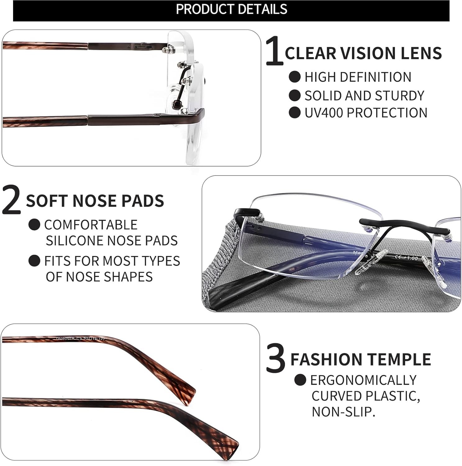 3 Pack Rimless Blue Light Blocking Reading Glasses for Men – 1.25X Magnification