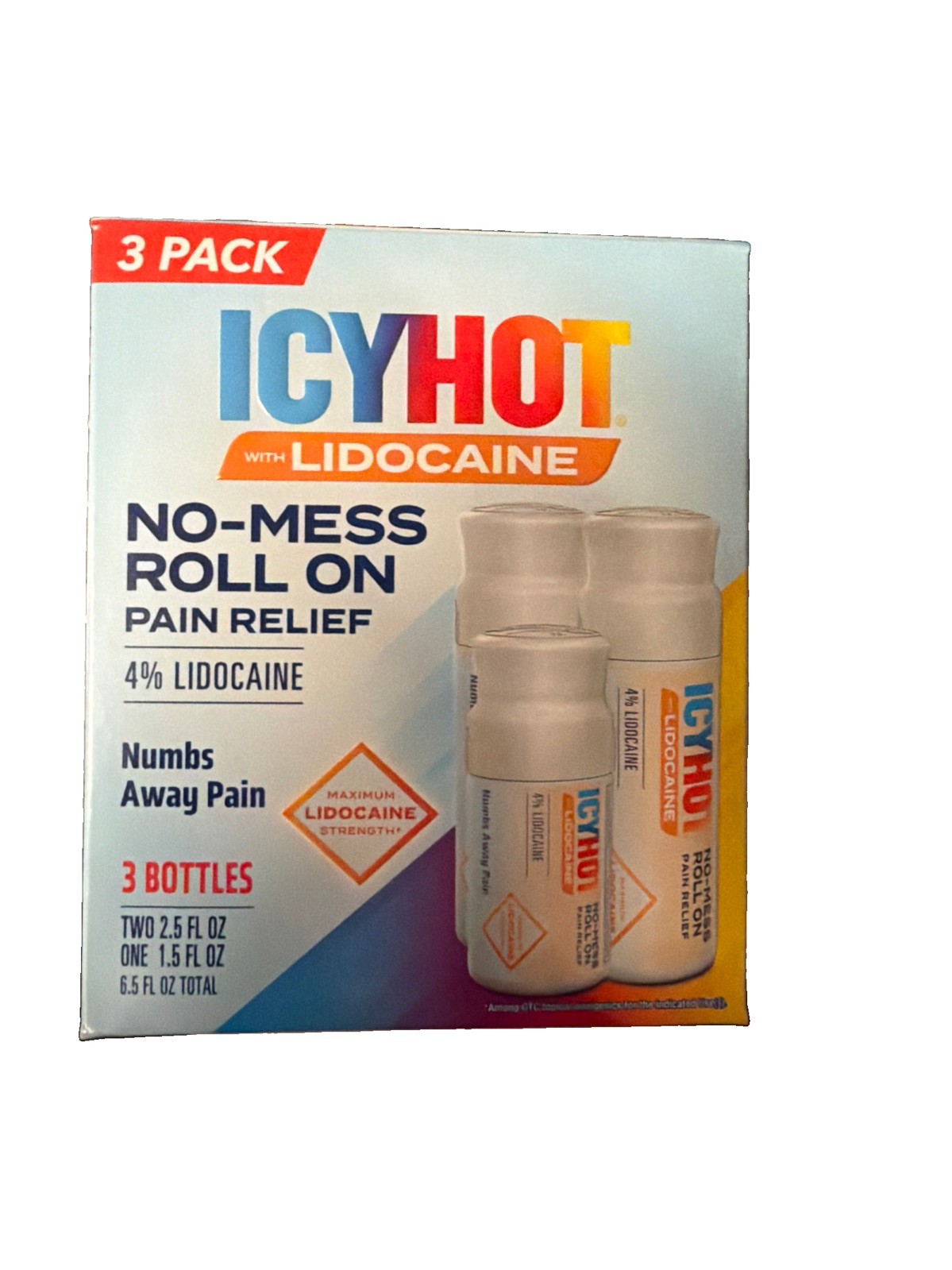 Icy Hot (3 Pack) with Lidocane 4% No Mess Roll On Pain Relief 6.5 fl oz total