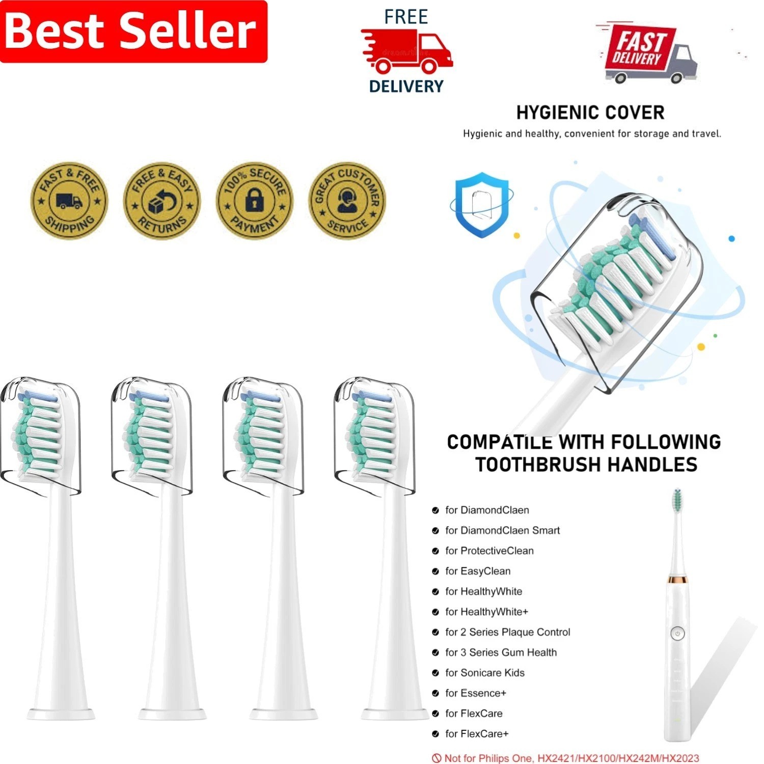 4 Pack Hygienic Toothbrush Replacement Heads for Philips Sonicare – Soft Bristle