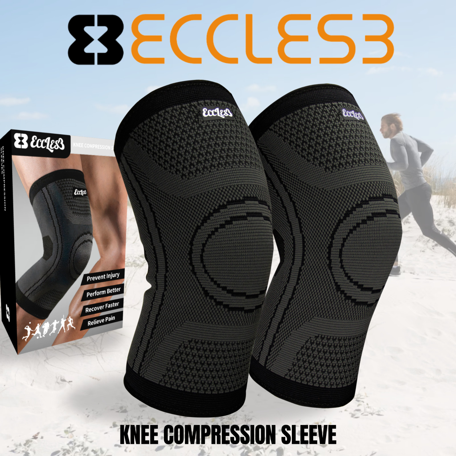 ECCLES3 – 2 Pack – Knee Compression Sleeves for Knee Pain – Unisex, Men, Women