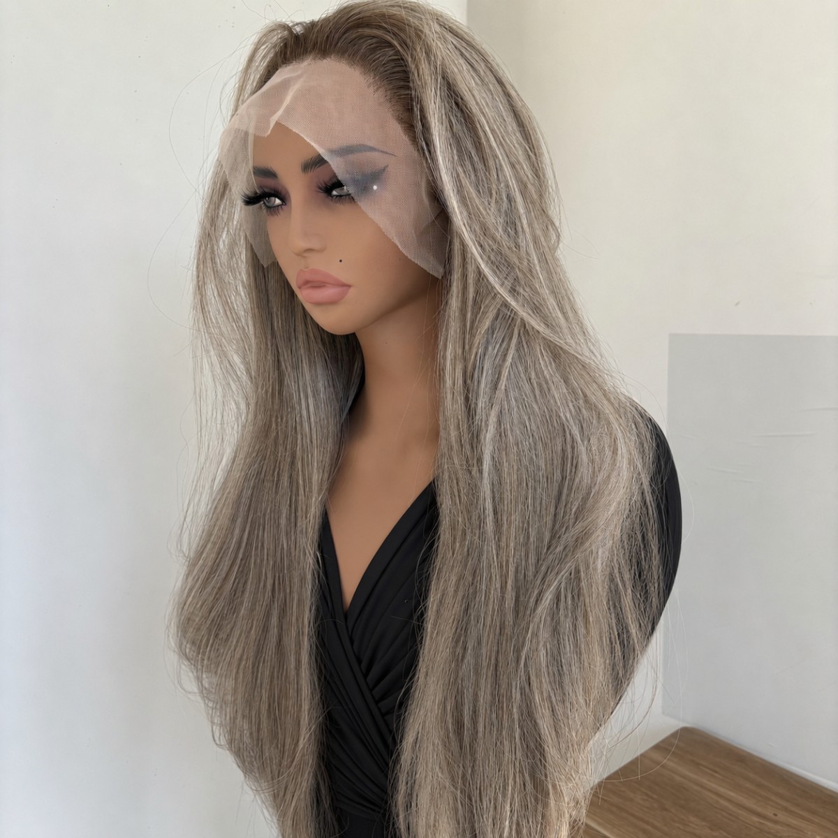 Synthetic Hair Layered Frontal Lace Wig Long Straight Mix Grey Pre Plucked
