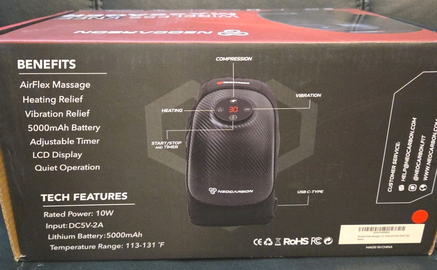 Neocarbon Wireless Knee Massager, Heated Therapy and Vibration Massage, Red NEW