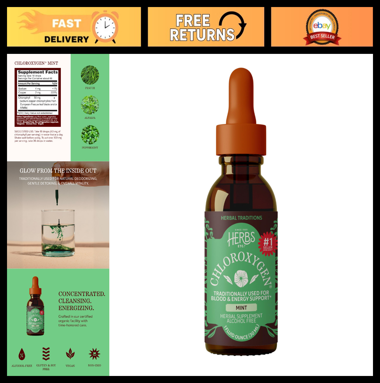 Chlorophyll Liquid Extract Drops – Mint Flavor, Alcohol-Free, Detox & Energy Boo