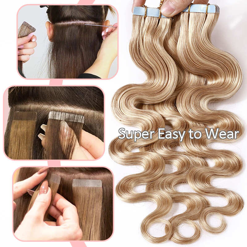 Invisible Tape In Skin Weft Real Remy Human Hair Extensions Wavy Thick Glue 150G