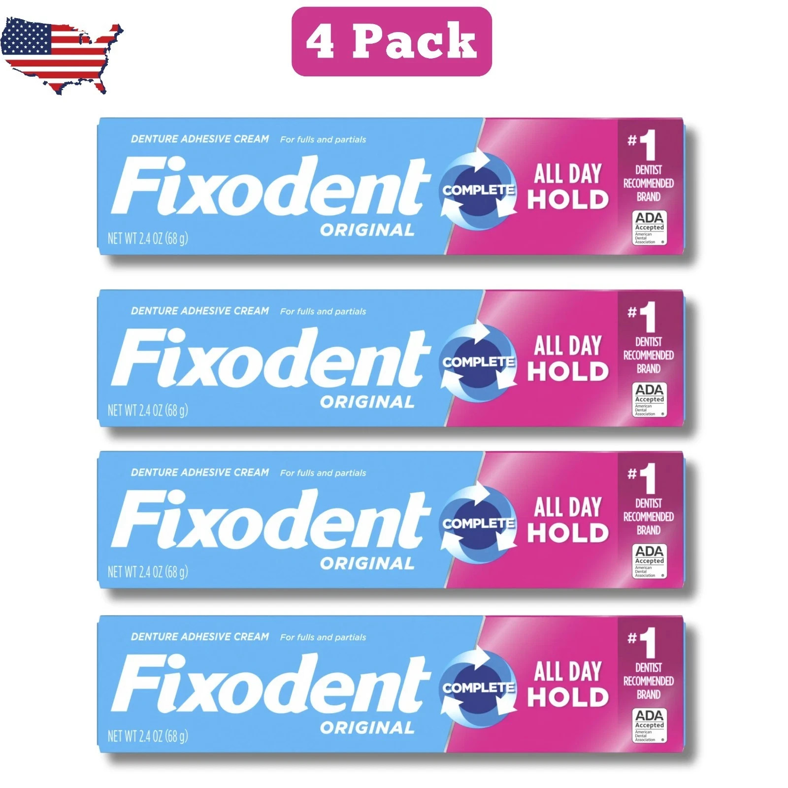 Pack of 4 Fixodent Complete Original Denture Adhesive Cream, All Day Hold 2.4 oz