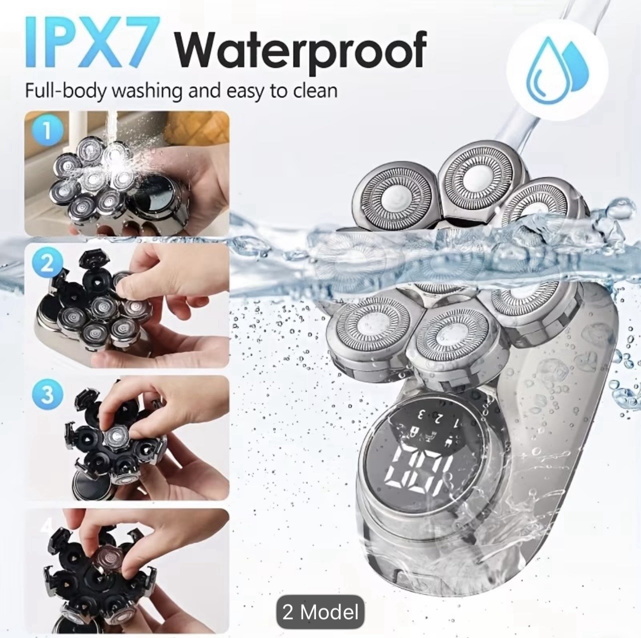 8-Head Rotary Men’s Wet/Dry Waterproof Shaver Kit USB LED A-Black Black