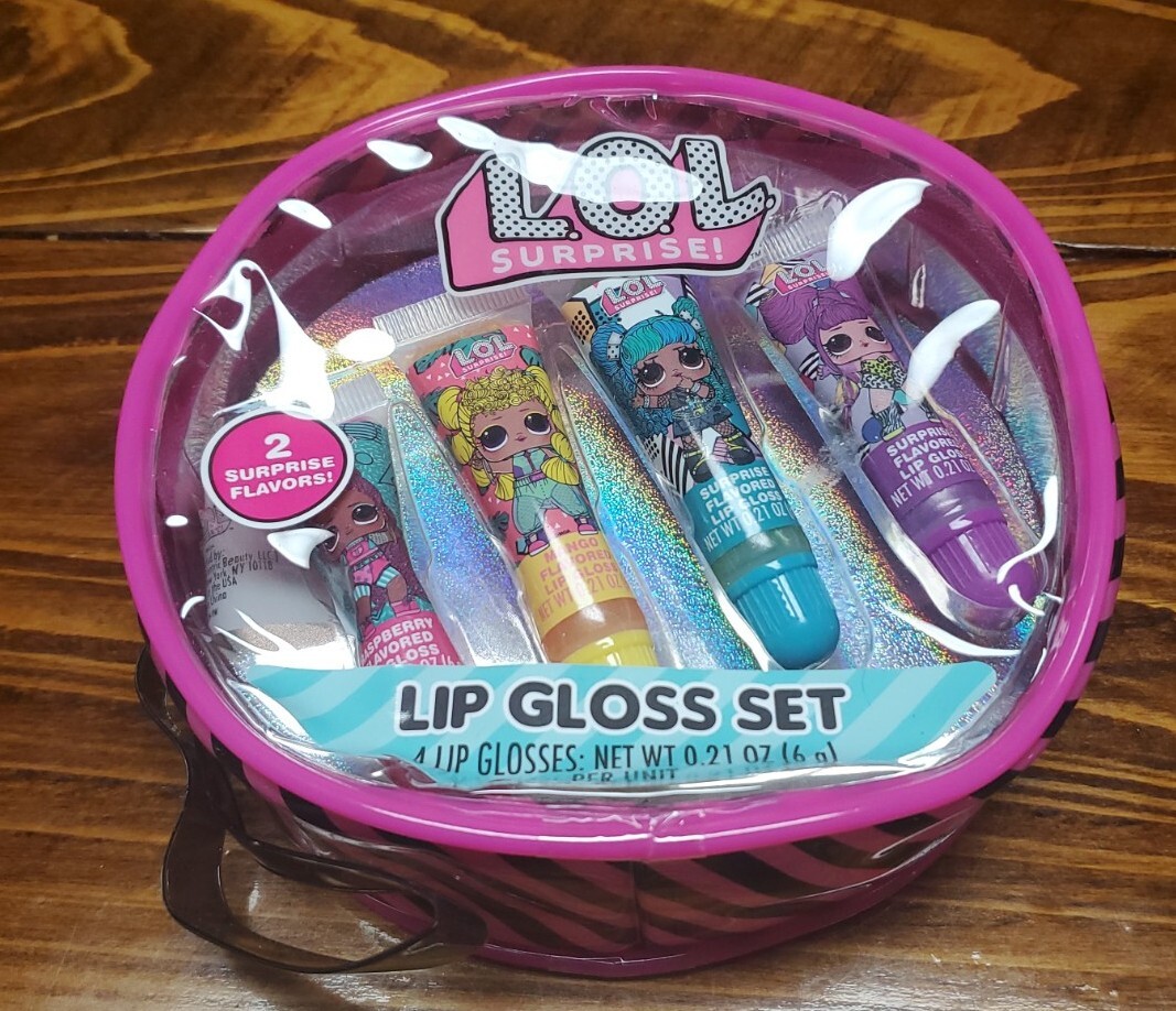 L.OL 4 Piece Surprise Flavored Lip Gloss Set Raspberry Mango &2 Surprise Flavors