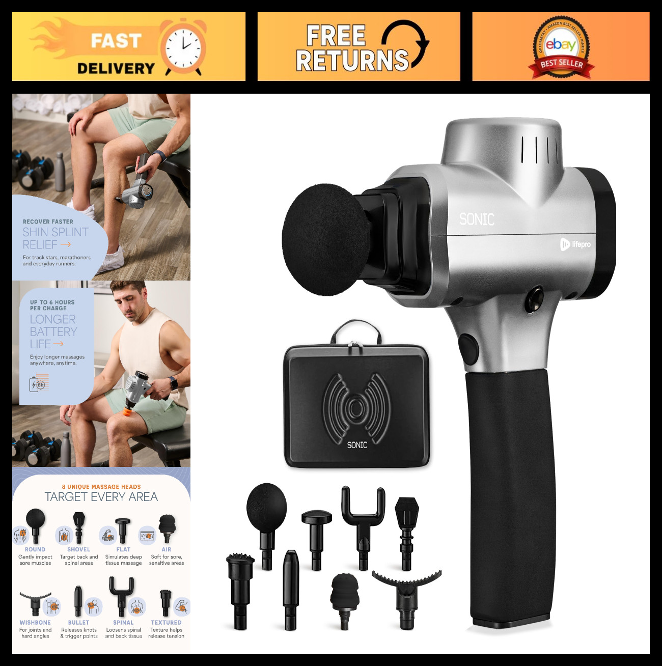 Deep Tissue Massage Gun for Athletes | 8 Heads, 5 Speeds, 6-Hr Runtime, Percussi