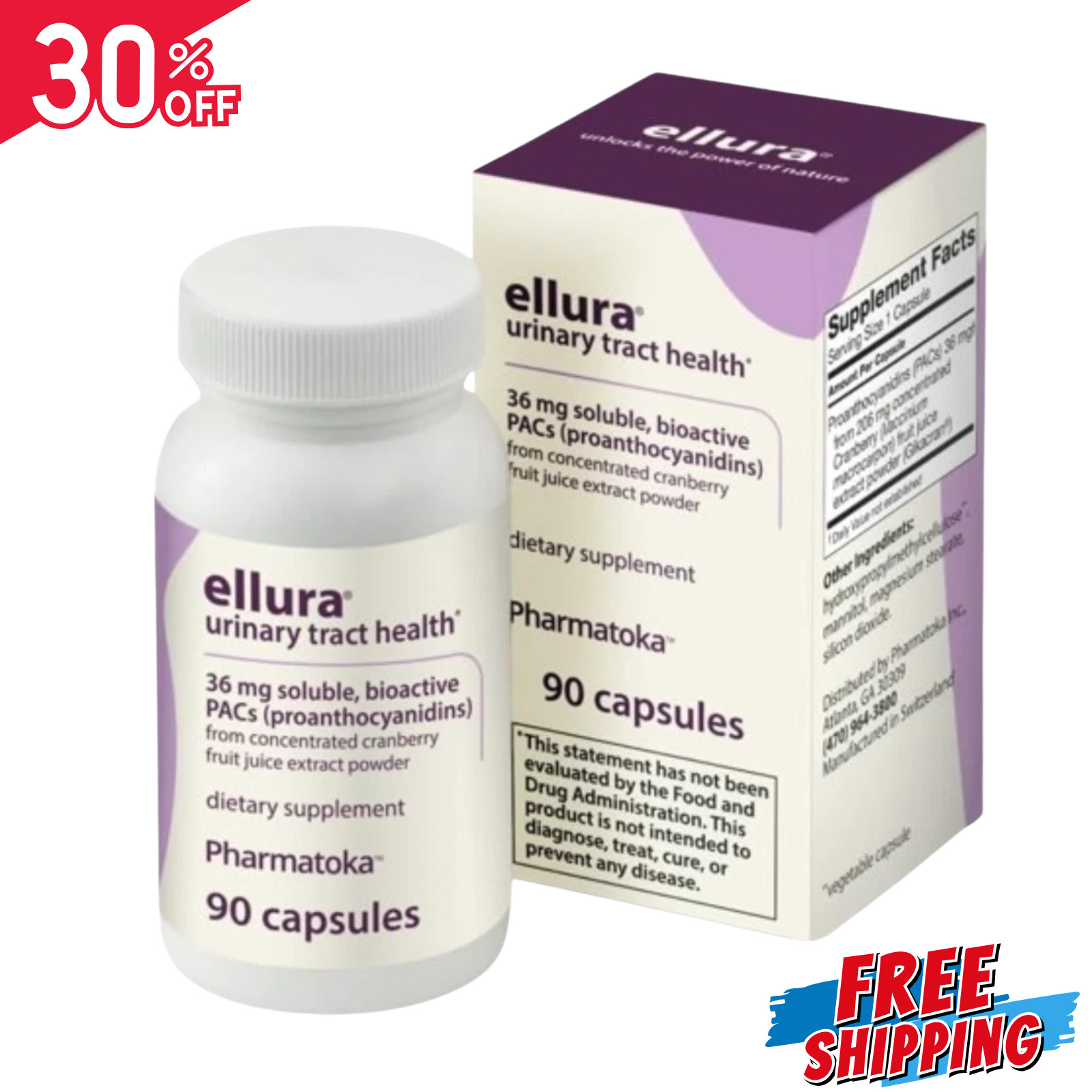 Ellura 36mg Cranberry Capsules 90ct – UTI Support Supplement – Urinary Health