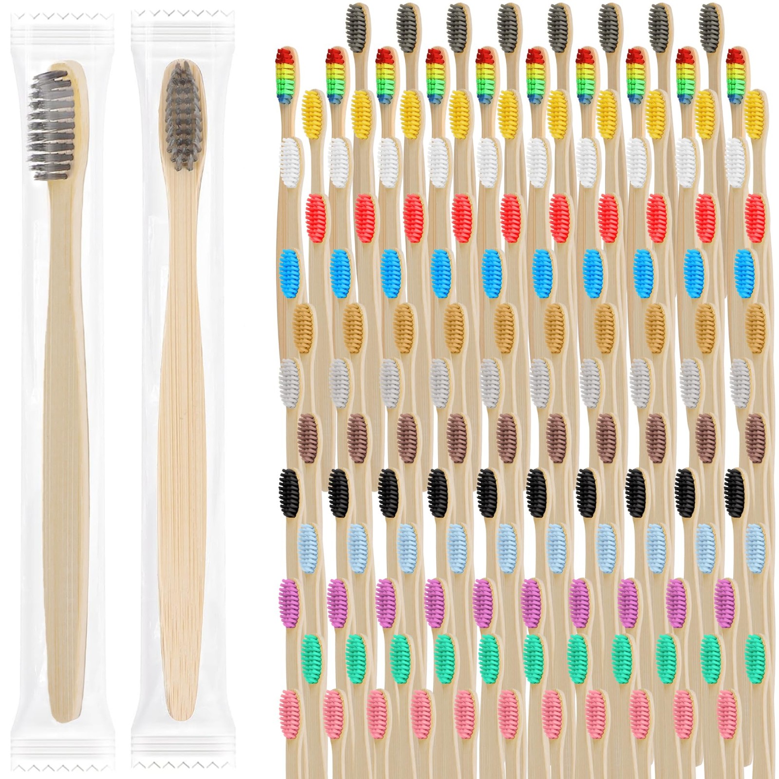 140 Pack Bamboo Toothbrushes Individually Wrapped 14 Colors Bulk Adults