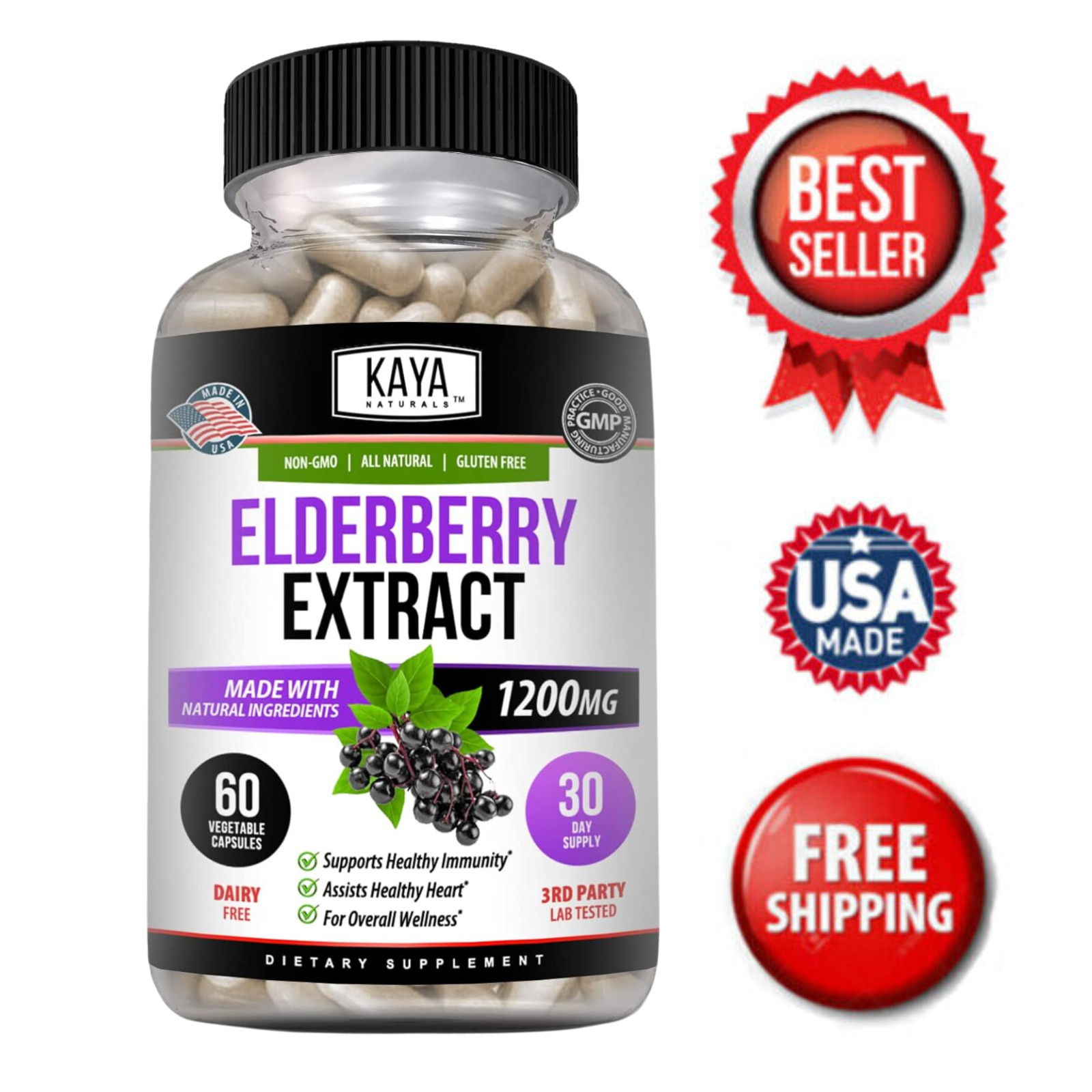 Immune Support 60Ct, Elderberry, Daily Immune and Antioxidants, 1200 mg Capsules