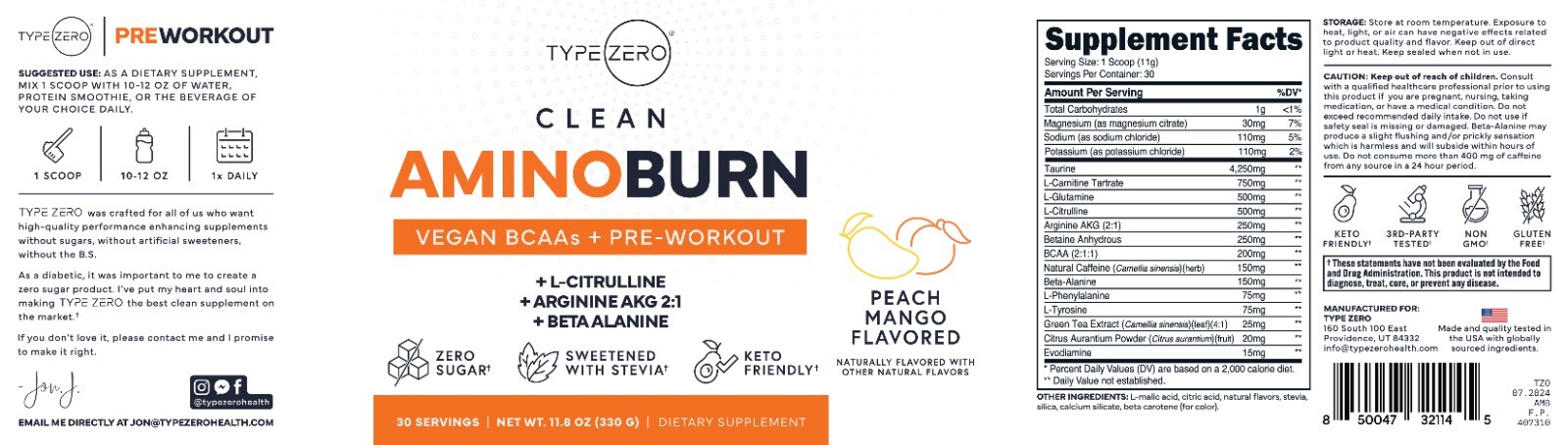 Type Zero AminoBurn – Natural Pre Workout + BCAA (Peach Mango | 30serv)