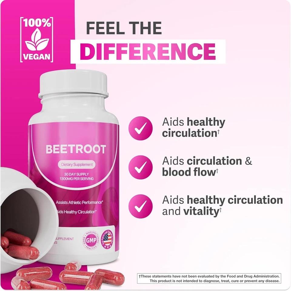 Rosabella Organic Beetroot 1300mg – Boosts Nitric Oxide & Heart Health – 60ct