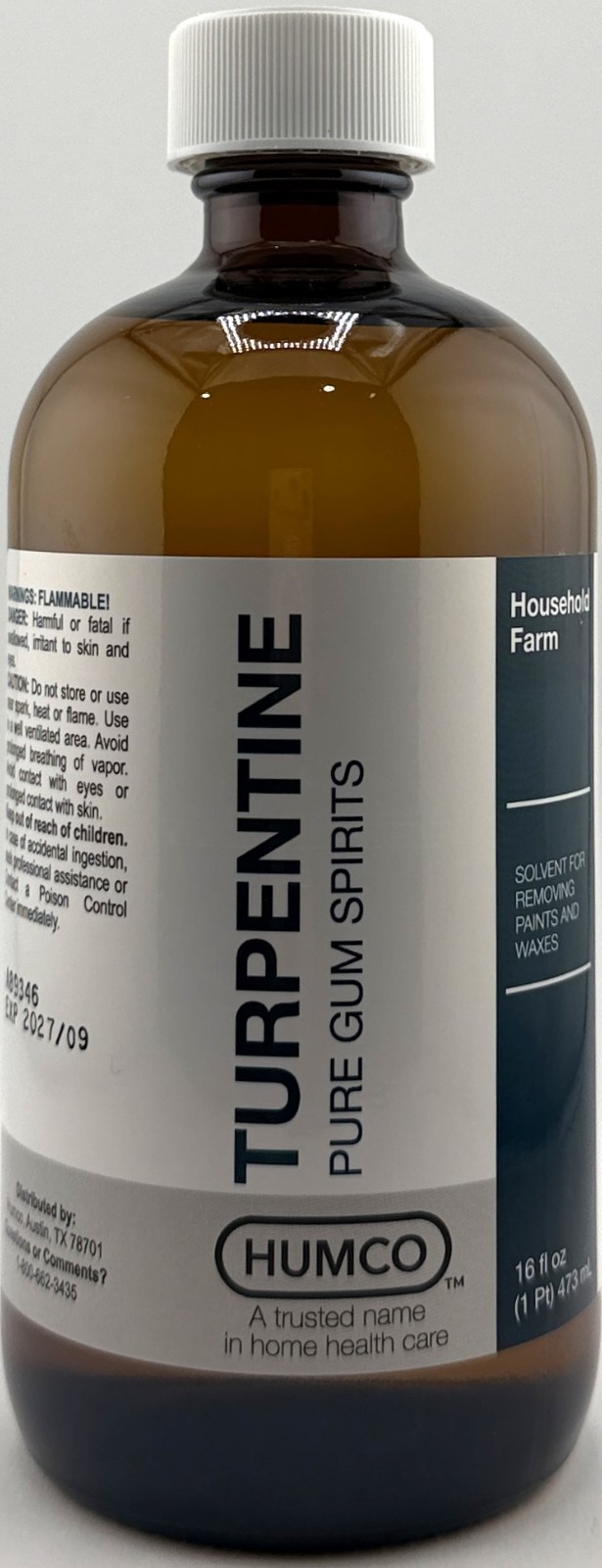 HUMCO TURPENTINE 100% PURE TURPENTINE SPIRITS EXP 2027/09