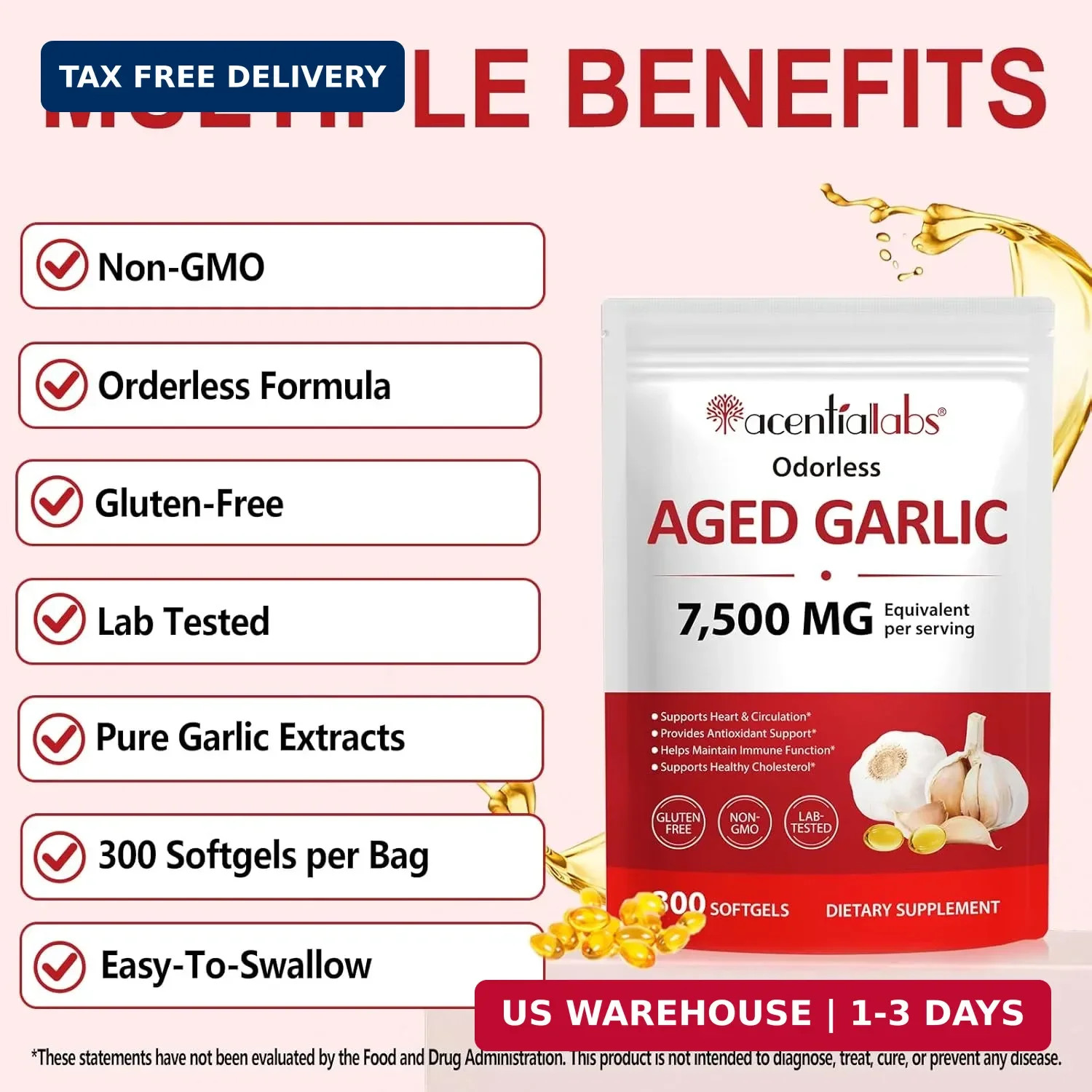 Odorless Garlic 7500Mg per Servings, 300 Softgels | 2 Years Aged Garlic Extra…