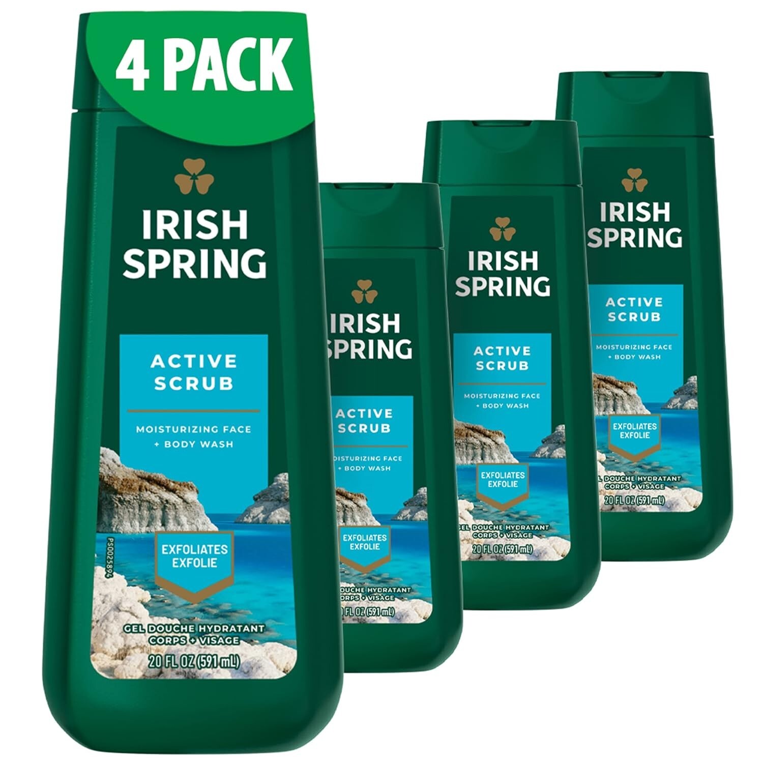 4 Pack Irish Spring Active Scrub Exfoliating Body Wash for Men, 20 Fl oz (591ML)