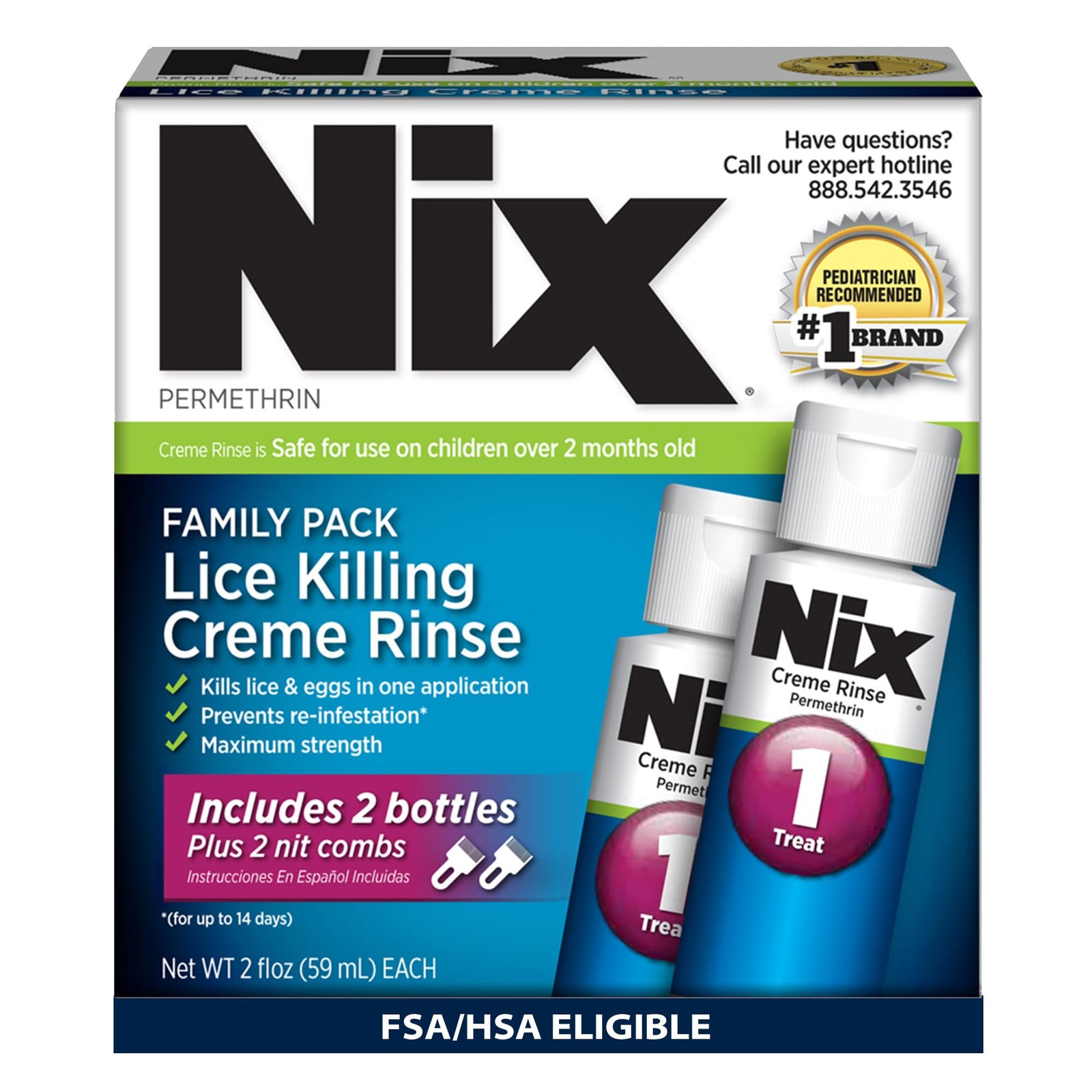 Nix Lice Treatment Permethrin Crème Rinse Family Pack 2 Bottles Combs
