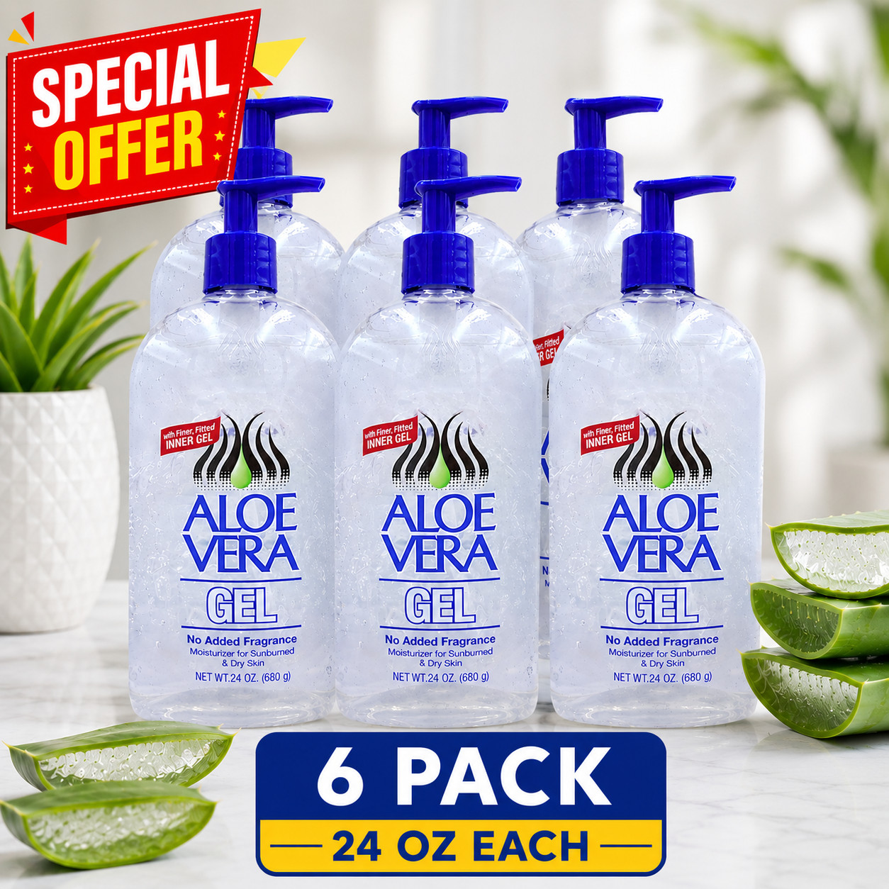 Aloe Vera Gel Pack of 6 24oz Moisturizer for Sunburn Dry Skin No Fragrance