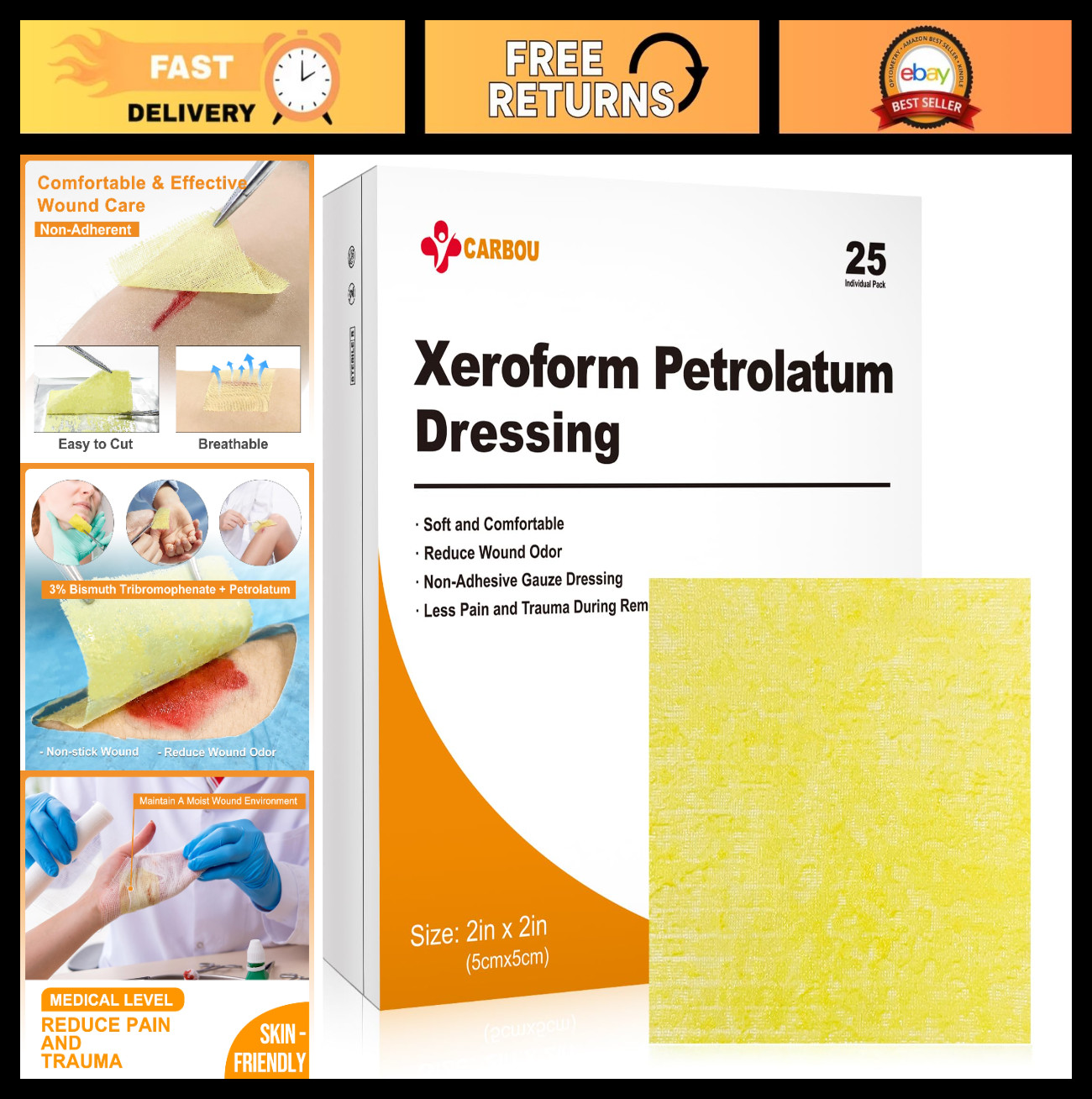 Non-Adherent Petrolatum Dressing 2″x2″ – 25 Pack Soft Mesh Gauze Pads for Wound