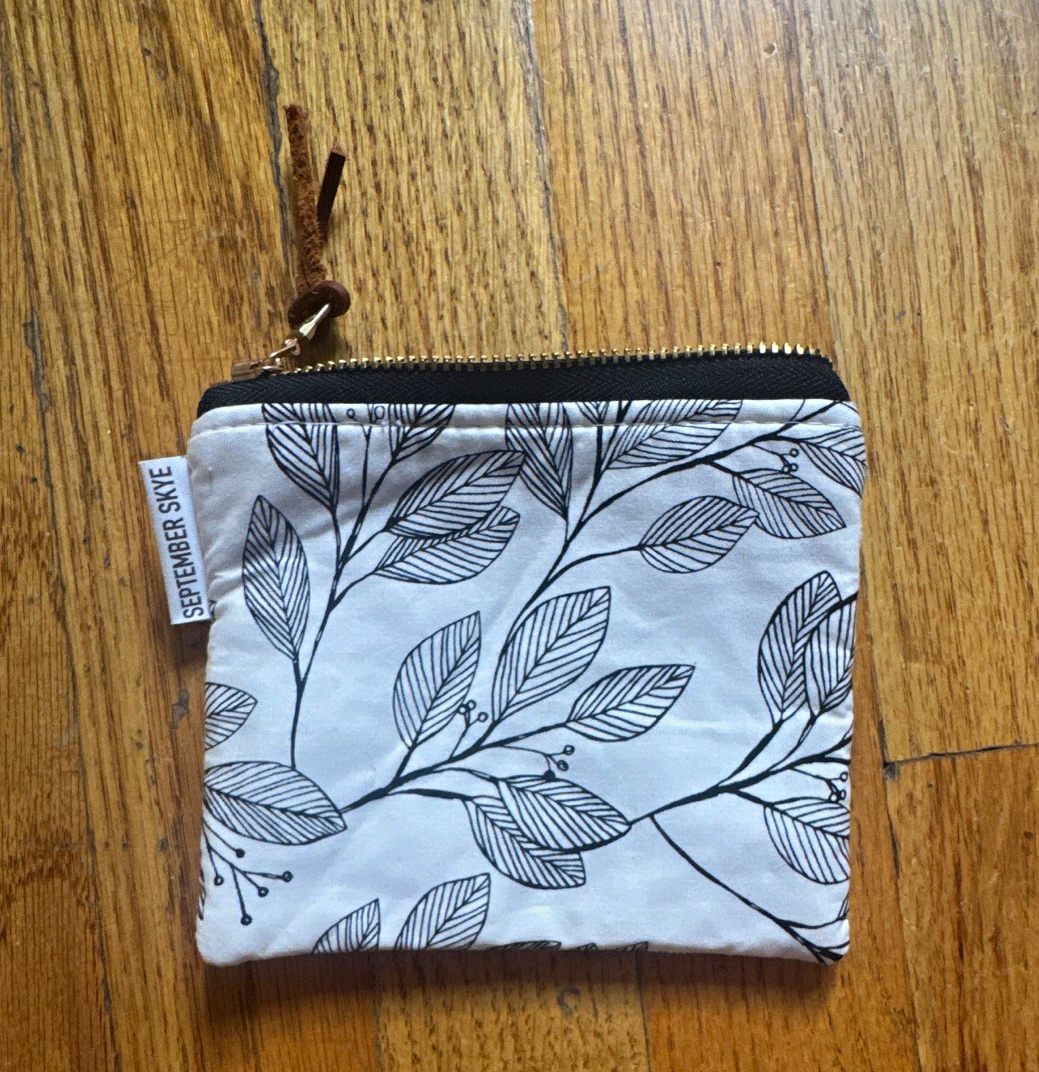 September Skye Zipper Makeup Bag Pouch Leaf Print Black White Fabric 6×6″