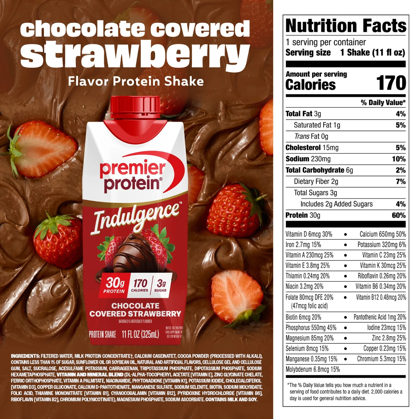 Premier Protein Indulgence Shake, Chocolate Covered Strawberry, 11 fl oz, 12 Ct