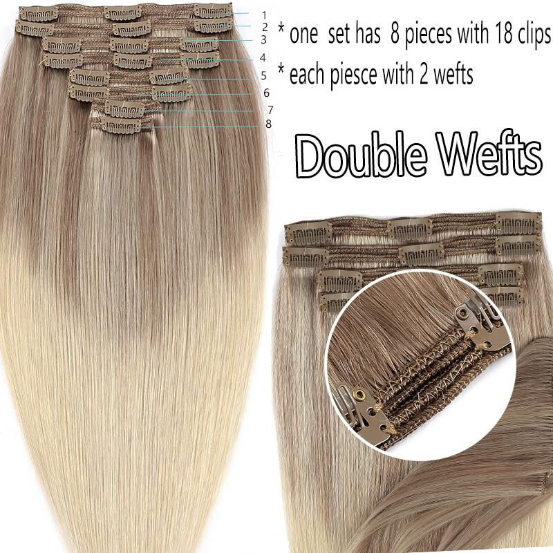 Full Head Clip In Remy Human Hair Extensions Double Wefted Thick 8Pieces 18Clips