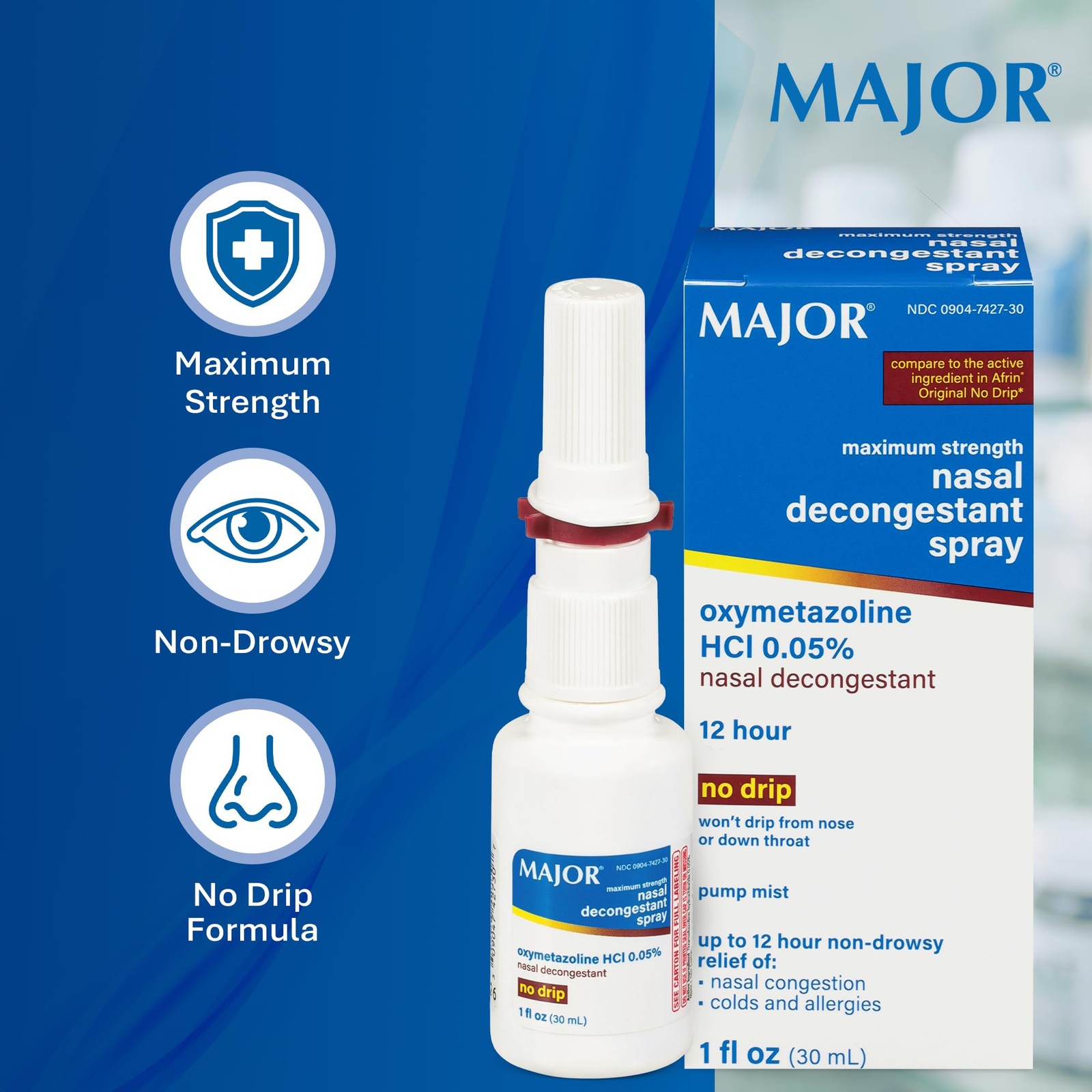 MAJOR Maximum Strength Nasal Decongestant 1 Fl Oz (Pack of 12), Colorless