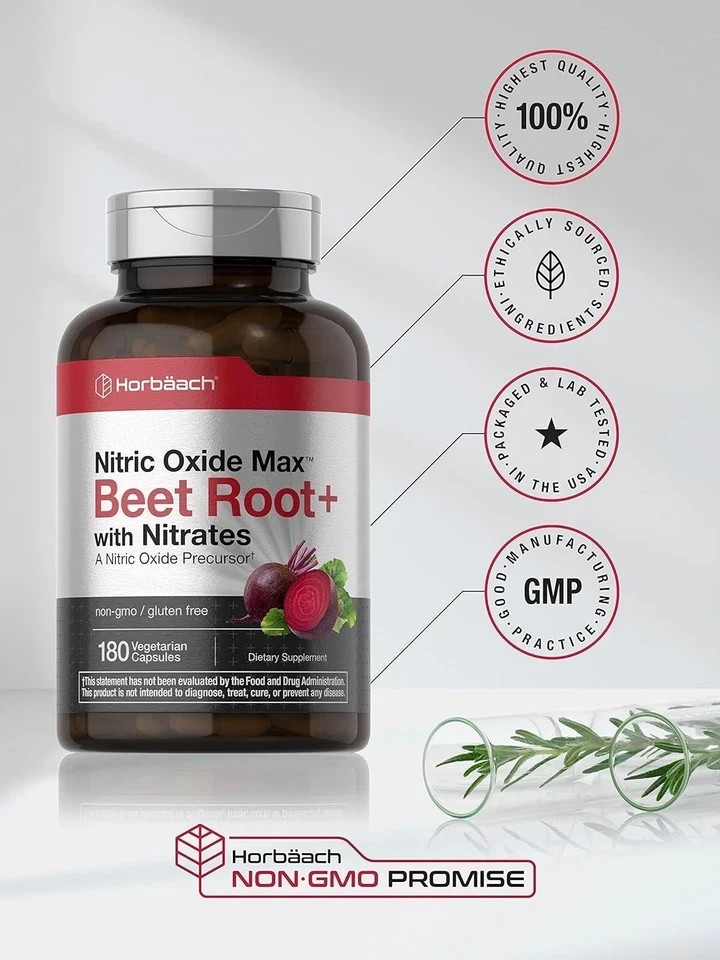 Nitric Oxide Beet Root Capsules | With Nitrates | 180 Count | Horbaach by