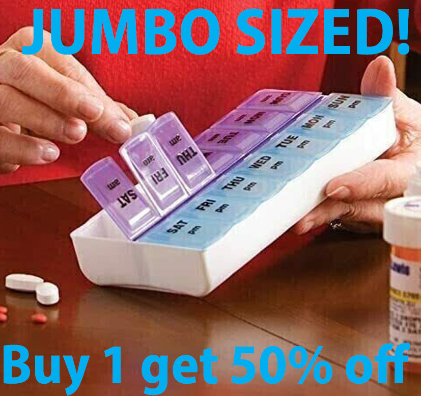 Jumbo Extra Large 7.5″ x 4″ Pill Organizer 7 Day 2 Times a Day Weekly Pill Box