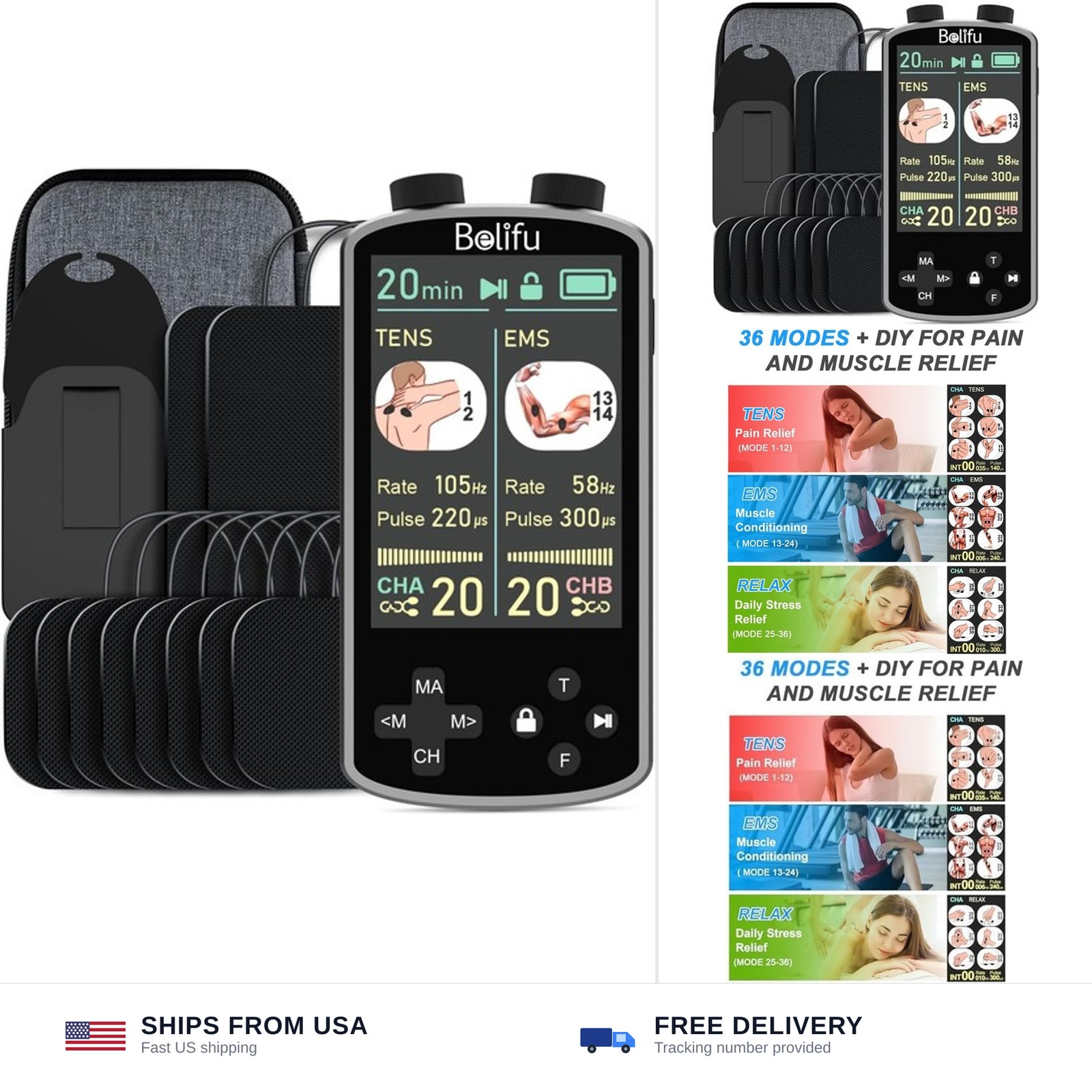 TENS EMS Unit Muscle Stimulator for Pain Relief Therapy – 4 in 1 TENS EMS Rel…