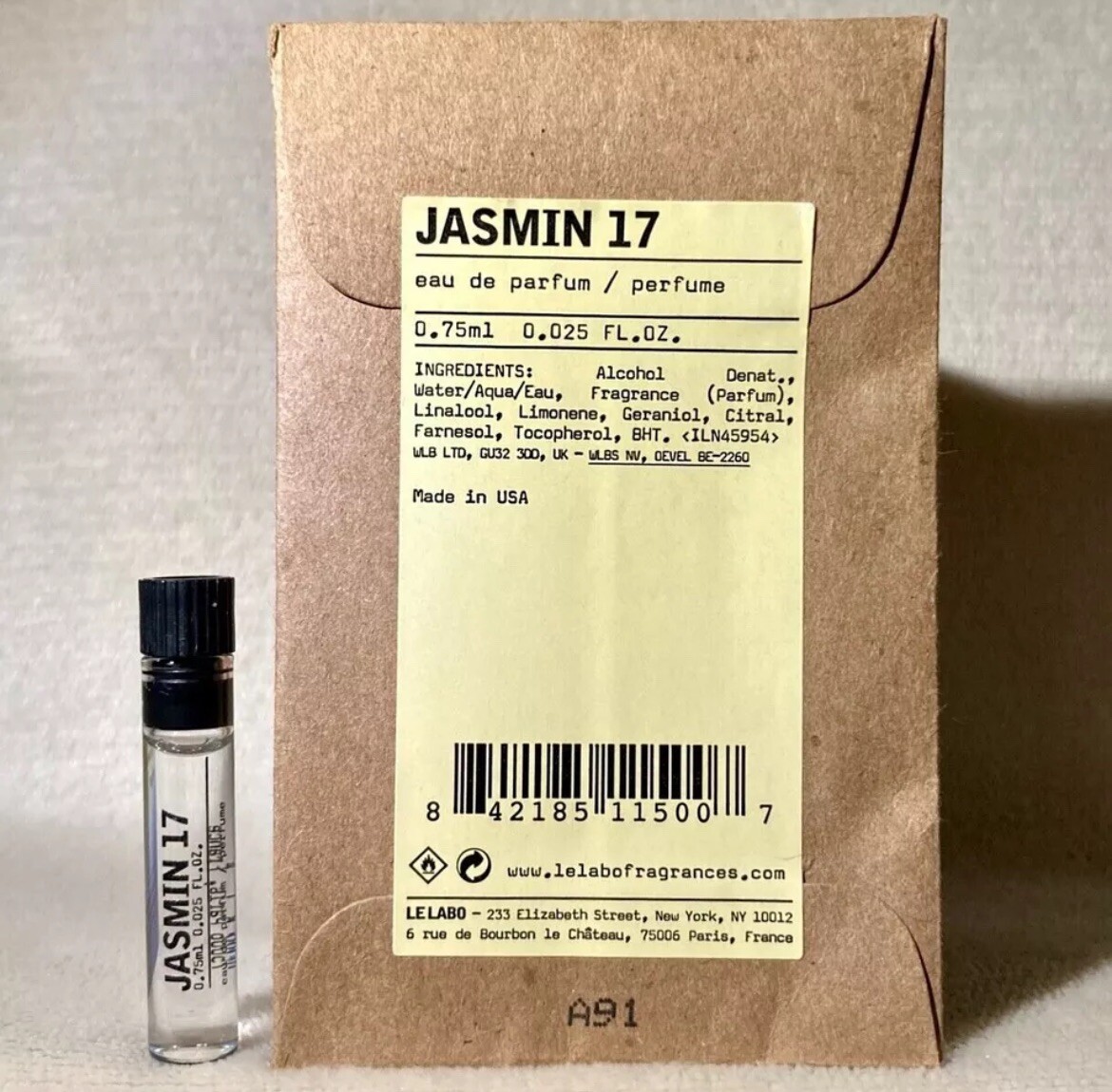 Le Labo Jasmin 17 Eau de Parfum EDP Sample Vial .025oz, .75ml New in Pouch