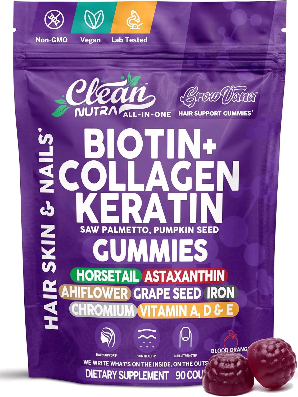 GrowVana Hair Growth Gummies Women Biotin Collagen Keratin Saw Palmetto 90ct