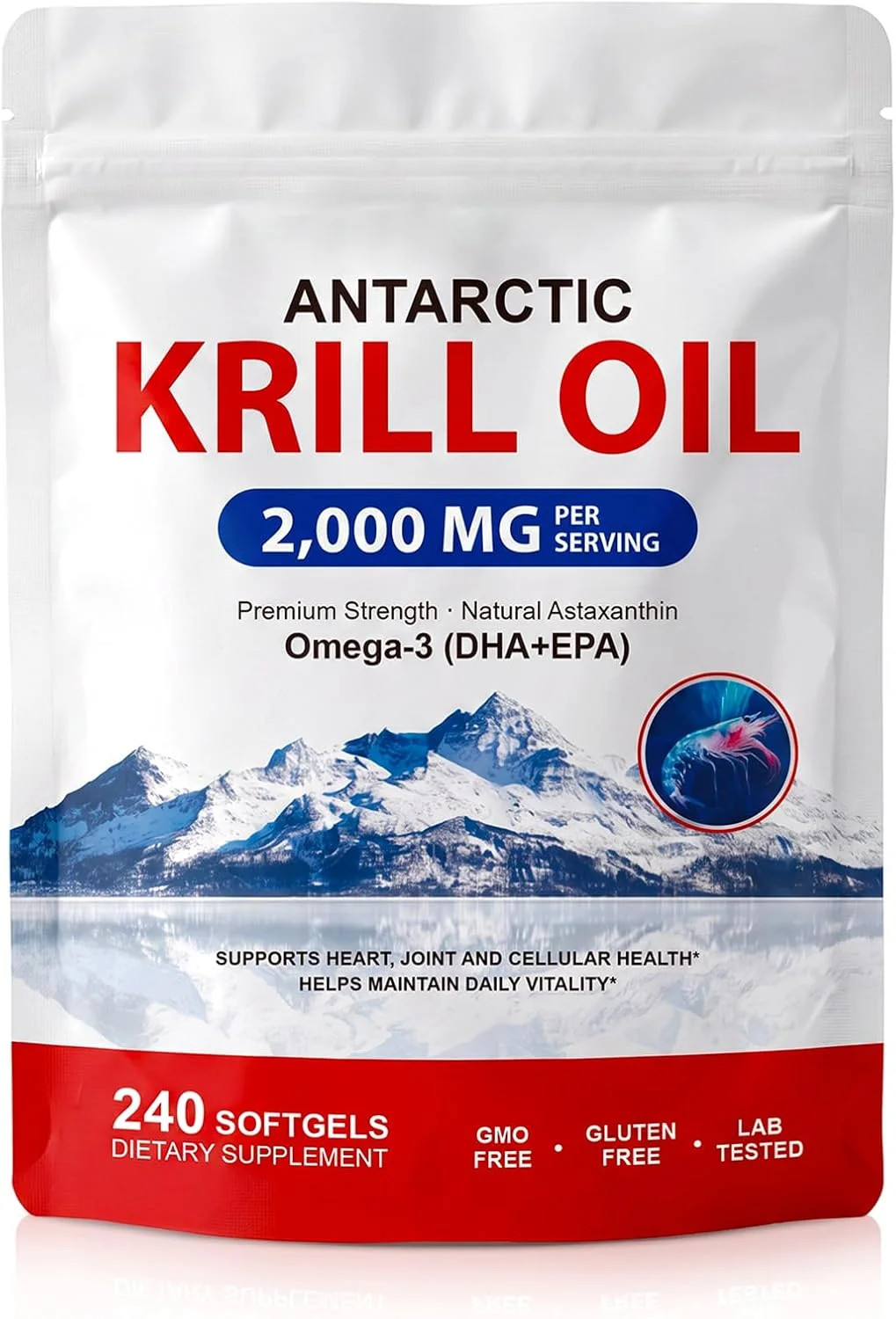 Antarctic Krill Oil 2000mg Supplement, 240 Softgels, 3X Strength Natural Source